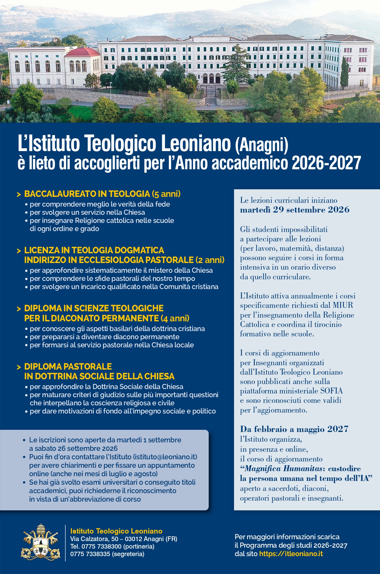 Corsi di teologia, pastorale e attività accademiche 2026-2027